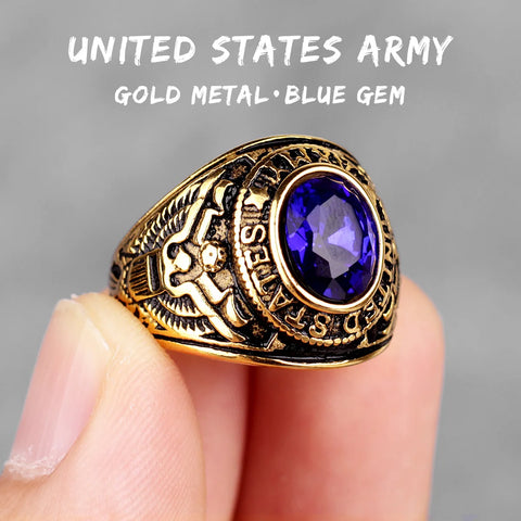 Stainless Steel Men Rings Rhinestone United States Army Punk Hip Hop for Biker Jewelry