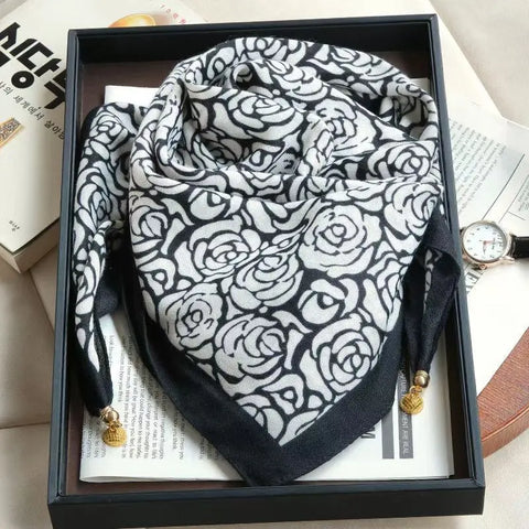 Plaid Flower Print Scarves With Magnetic Buckle Square Cotton and Linen Neck Wraps