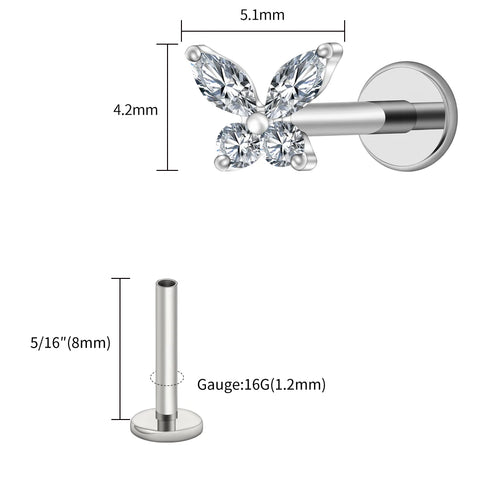 Titanium Mini Butterfly CZ Labret Tragus Cartilage Conch Forward Helix Stud