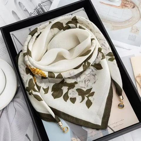 Plaid Flower Print Scarves With Magnetic Buckle Square Cotton and Linen Neck Wraps