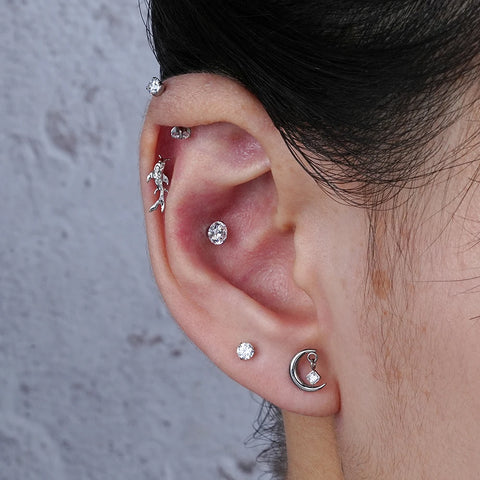 Titanium CZ Moon Cartilage Earring Tiny Crescent Moon CZ Dangle Helix