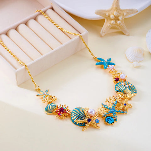 Starfish Shell Pearl Necklace for Women Summer Ocean Coral Scallop Pendant