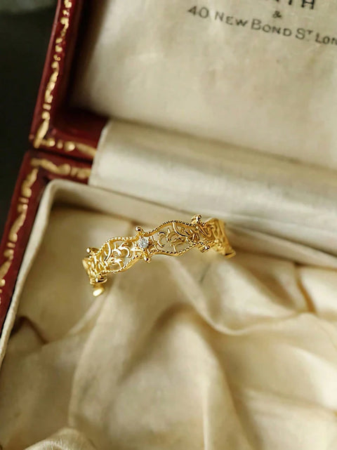 Sterling Silver Vintage Hollow Branches Leaves Round Zircon Ring For Women Party