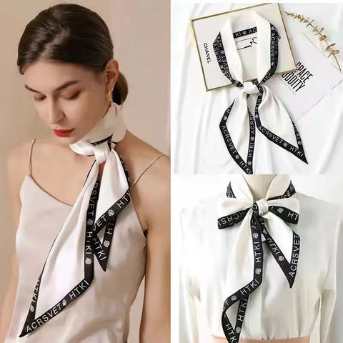 Print Silk Scarf Women Soft Satin Horse Hairband Bevel Neckerchief Office Headband