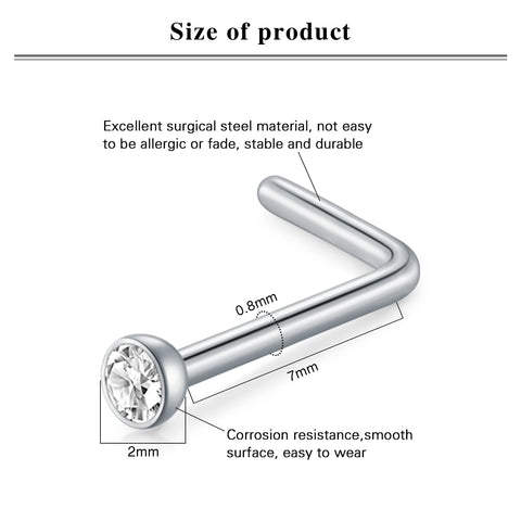 Elegant Stainless Steel Nose Rings Set Synthetic Zirconia Curved Rod Nose Studs