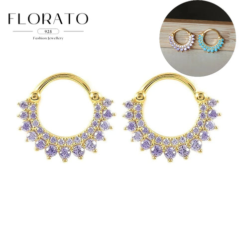 Sterling Silver Needle Multi-color Zircon Hoop Ring Luxury Crystal Piercing