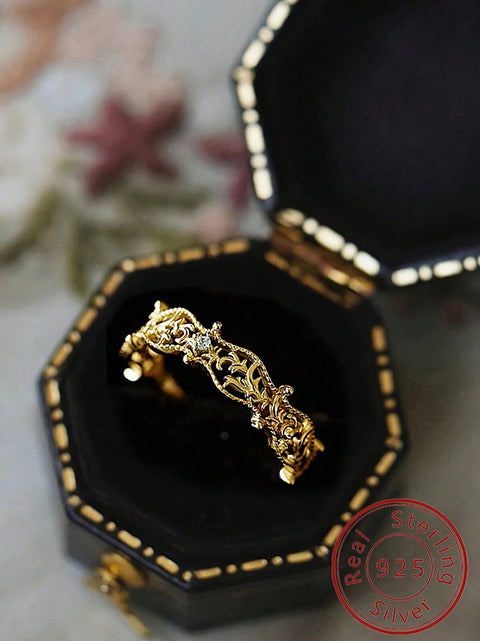 Sterling Silver Vintage Hollow Branches Leaves Round Zircon Ring For Women Party