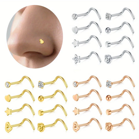 Elegant Stainless Steel Nose Rings Set Synthetic Zirconia Curved Rod Nose Studs