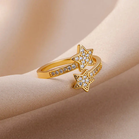 Zircon Double Star Rings For Women Girls Stainless Steel Gold Color y2k Ring