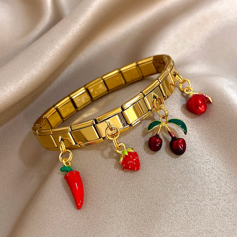 Stainless Steel Strawberry Pepper Cherry Pendant Elastic Bangles Bracelets
