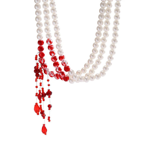Multilayer Vintage Red Blood Pattern Imitation Pearl Tassel Pendant Necklace for Women