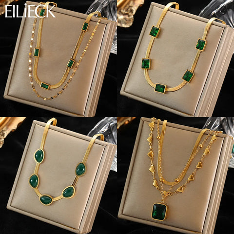 Stainless Steel Green Zirconia Crystal Necklace For Women Luxury Chain Choker