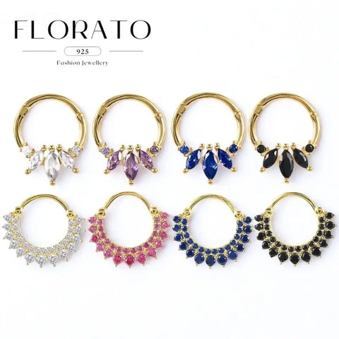 Sterling Silver Needle Multi-color Zircon Hoop Ring Luxury Crystal Piercing