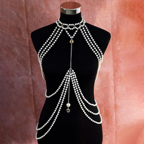 Classic Long Imitation Pearl Dress Heart Pendant Body Chain