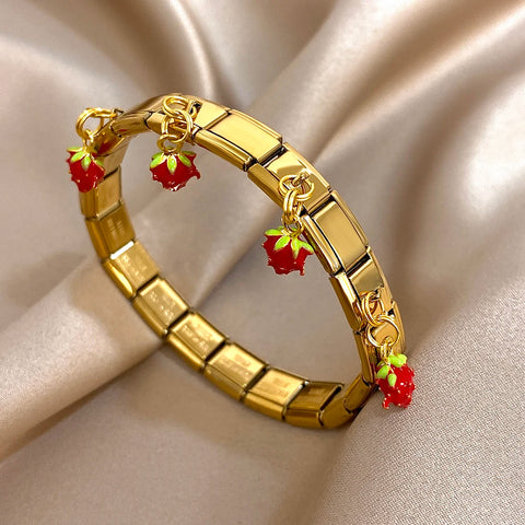 Stainless Steel Strawberry Pepper Cherry Pendant Elastic Bangles Bracelets