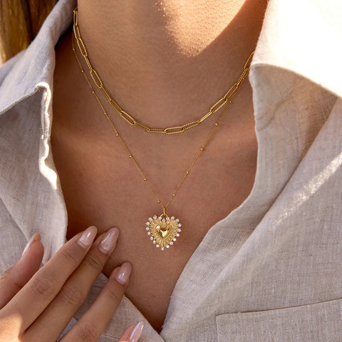 Stainless Steel Heart Pendant Necklace with Shiny Zircon for Women 18k Gold Plated