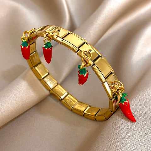 Stainless Steel Strawberry Pepper Cherry Pendant Elastic Bangles Bracelets