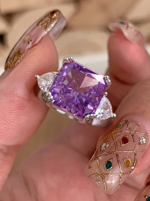 Sterling Silver Purple Yellow Sugar Cube Triangle Zirconia Ring For Women Anniversary Party