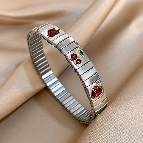 Stainless Steel Strawberry Pepper Cherry Pendant Elastic Bangles Bracelets