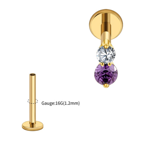 Titanium 16G Double CZ Cartilage Earring Tiny Two Stone Flat Back Labret Stud