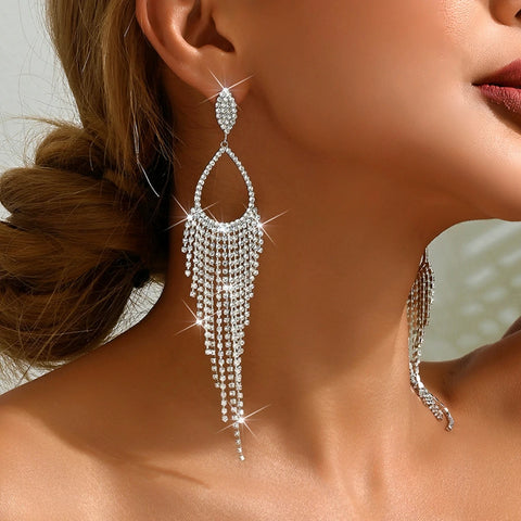 2PC women's jewelry with rhinestone tassel earrings