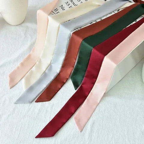 Women Narrow Long Scarf Solid Color Chiffon Silk Ribbon Headbands Choker Streamer