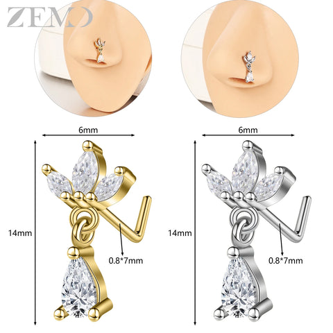 Girls Cubic Zircon Nose Studs Flower Star Heart Nostril Piercings Jewelry