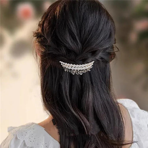 French Style Pearl Crystal Crescent Spring Clip Women's Back of Head Half-tied Hair Clip