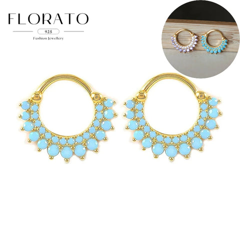 Sterling Silver Needle Multi-color Zircon Hoop Ring Luxury Crystal Piercing