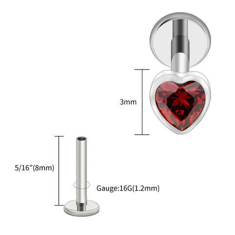 Titanium Heart Shaped CZ Flat Back Labret Stud Cartilage Helix Ear Piercing