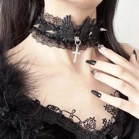 Fashion Solid Color Women Girls Necklace Wide Lace Rivets Lolita Lace Choker