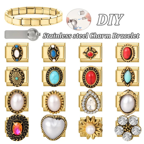 Golden Heart Butterfly Sun Flower Pearl Zircon Italian Charm Links