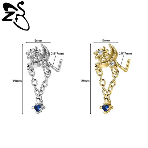Stainless Steel Nose Ring 7MM L Rod Nose Stud Moon butterfly Shape Pendant Earring Helix