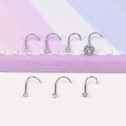Elegant Stainless Steel Nose Rings Set Synthetic Zirconia Curved Rod Nose Studs