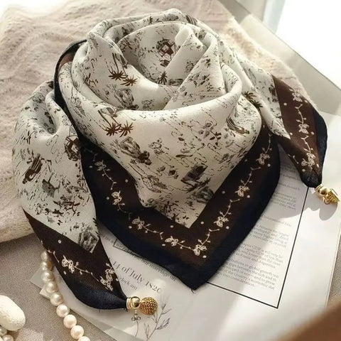 Plaid Flower Print Scarves With Magnetic Buckle Square Cotton and Linen Neck Wraps