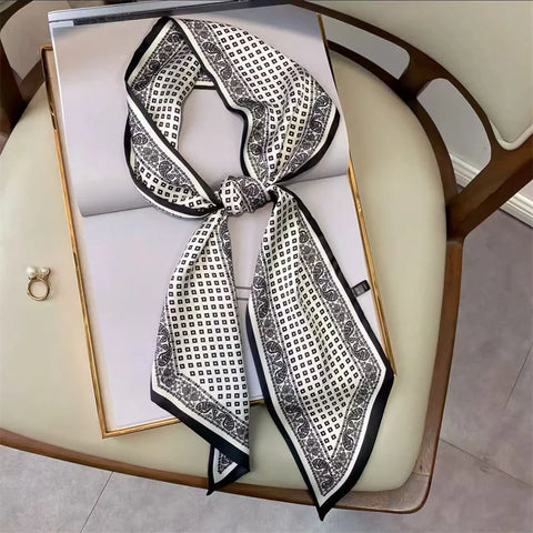 Print Silk Scarf Women Soft Satin Horse Hairband Bevel Neckerchief Office Headband