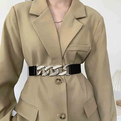 Wide version black elastic stretchable decorative suit shirt waist belt