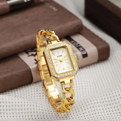 Ladies fashion bar scale square dial buckle shaped steel strip with diamonds outer shell quartz watch
