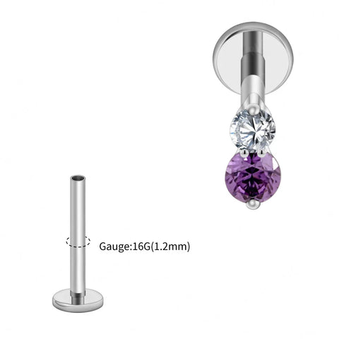 Titanium 16G Double CZ Cartilage Earring Tiny Two Stone Flat Back Labret Stud