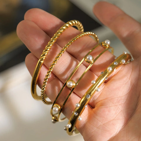 Waterproof Metal Texture 18K Gold Color Stainless Steel Cuff Open Bracelet