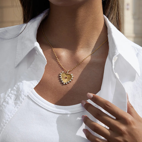 Stainless Steel Heart Pendant Necklace with Shiny Zircon for Women 18k Gold Plated