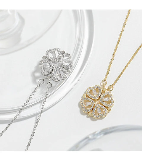 Luxury Magnet Transform Four Leaf Clover Heart Pendant Neklace