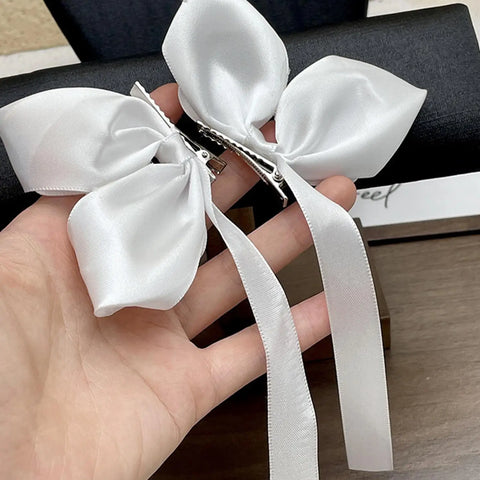2pcs Sweet Bows Hair Clips Women White Ribbons Ponytails Clip