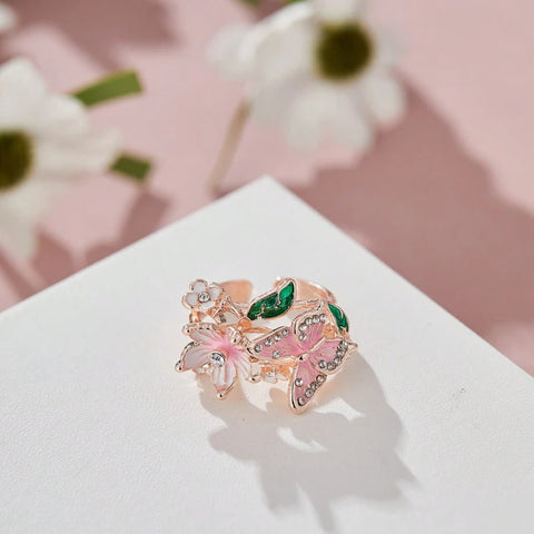 Aesthetic Flower Butterfly Rings for Female Romantic Rhinestone Stylish Opening Ring