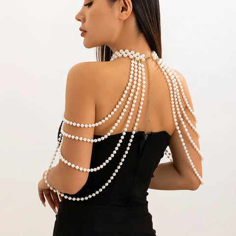 Bridal Tassel Imitation Pearl Shoulder Chain Necklace for Women