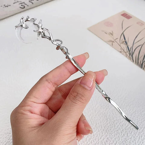 Crystal Moon Hair Stick for Women Vintage Metal Chinese Style Chopstick Shaped Hairpin