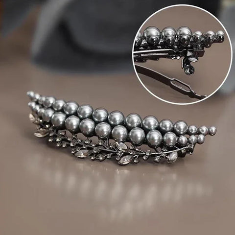 French Style Pearl Crystal Crescent Spring Clip Women's Back of Head Half-tied Hair Clip