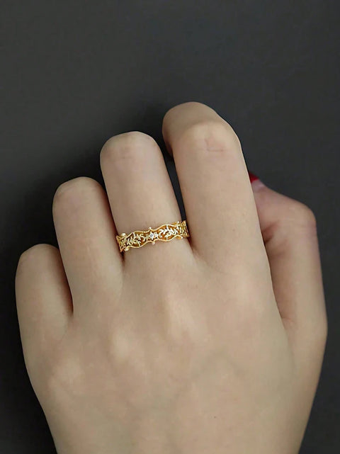 Sterling Silver Vintage Hollow Branches Leaves Round Zircon Ring For Women Party