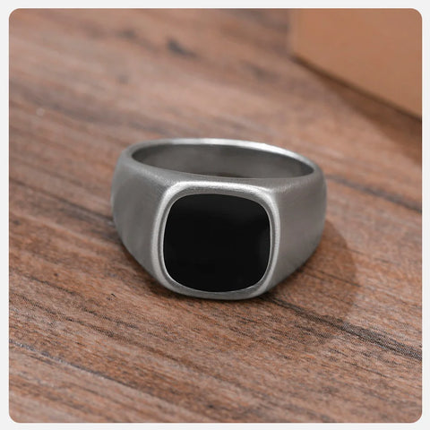 Signet Ring for Men Black Square Top Stainless Steel Finger Band Gothic Rings