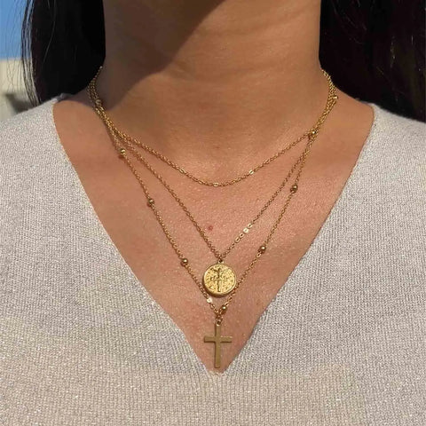 Catholic Church Jesus Necklaces Stainless Steel Multi Layered Cross Choker Necklace